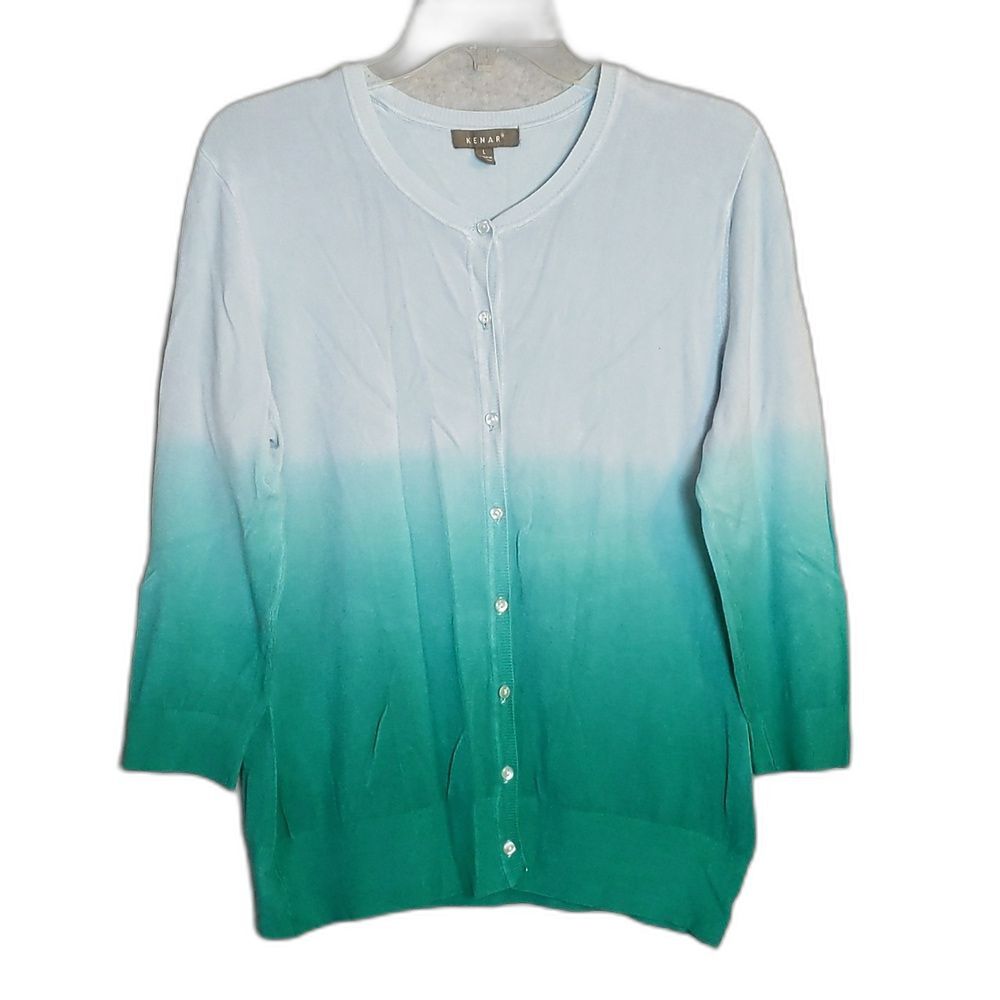 Kenar Blue Green Ombre 3/4 Sleeve Sweater Cardigan Women's L